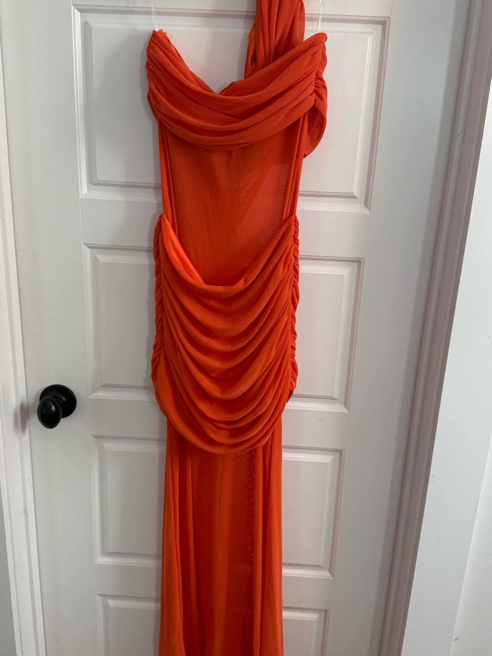 Off-Shoulder Orange Ruched Maxi Dress - Picture 2 of 3